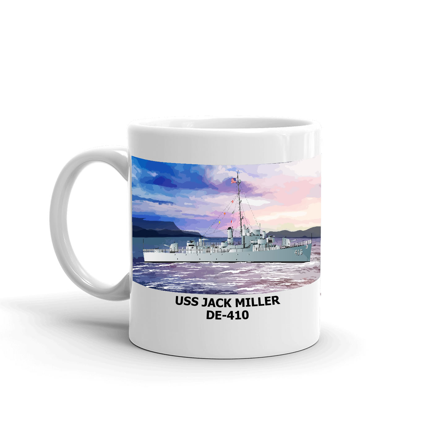 USS Jack Miller DE-410 Coffee Cup Mug Left Handle