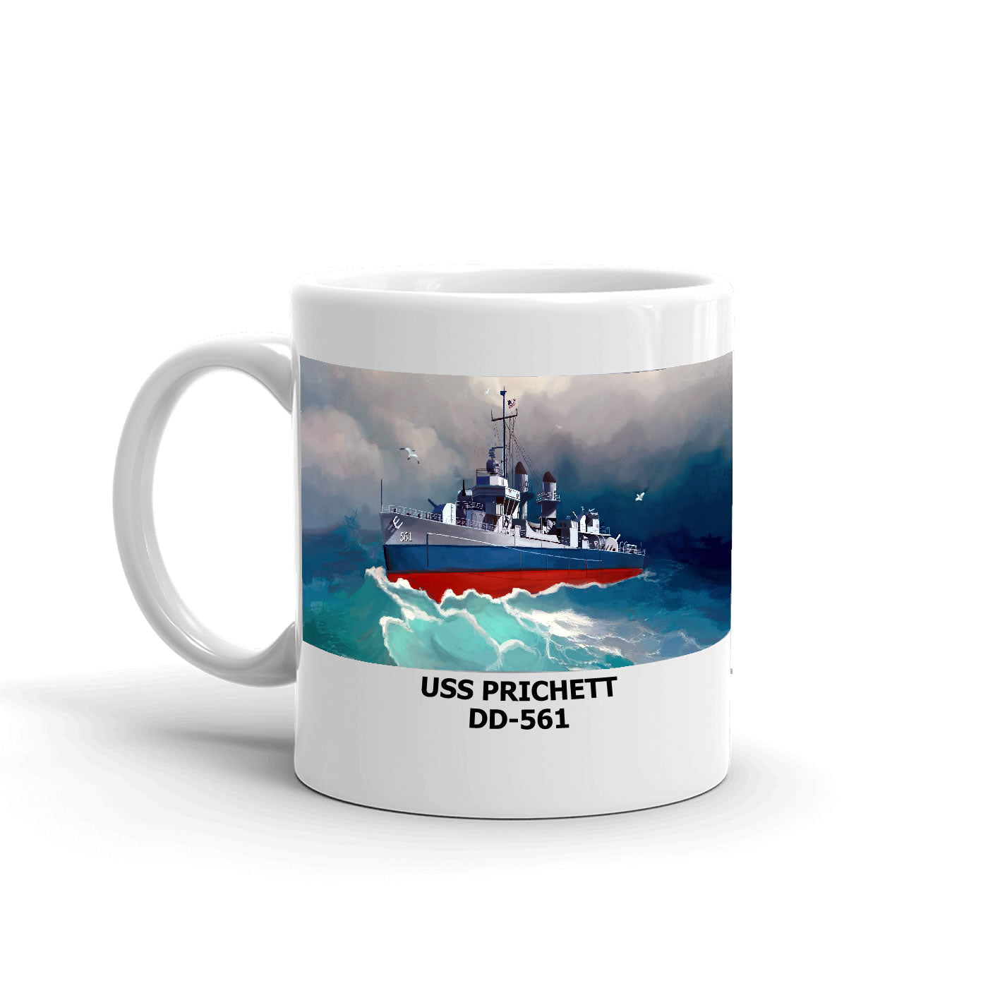 USS Prichett DD-561 Coffee Cup Mug Left Handle