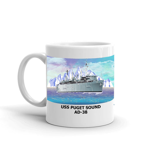 USS Puget Sound AD-38 Coffee Cup Mug Left Handle