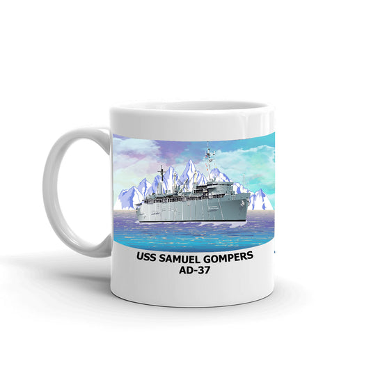 USS Samuel Gompers AD-37 Coffee Cup Mug Left Handle