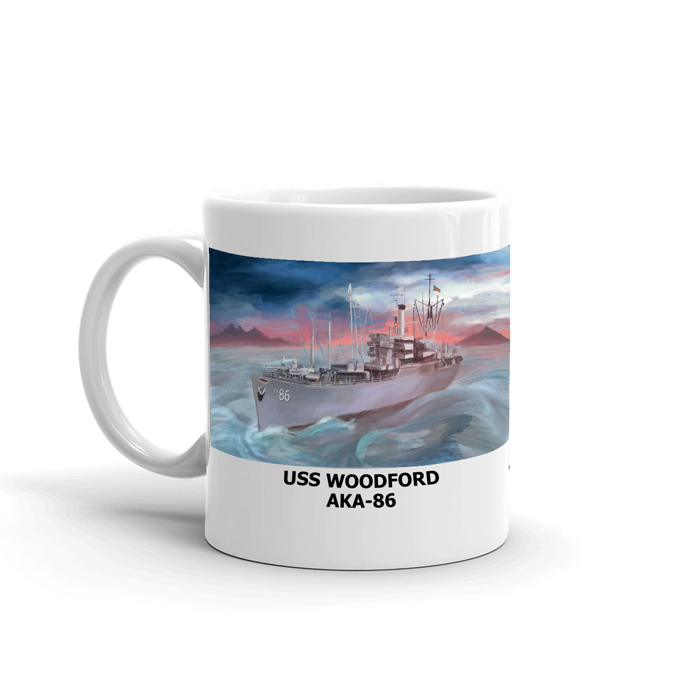 USS Woodford AKA-86 Coffee Cup Mug Left Handle