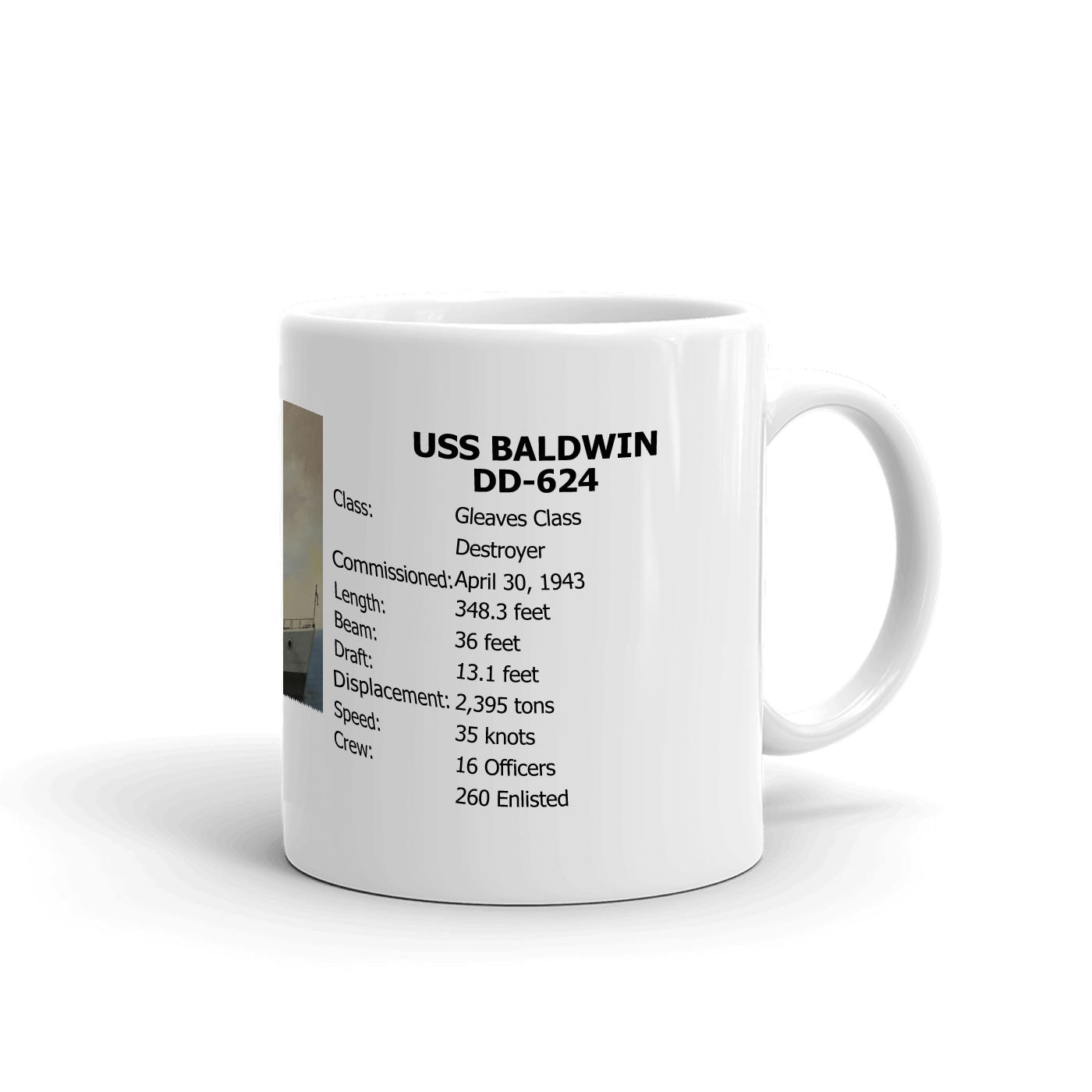 USS Baldwin DD-624 Coffee Cup Mug Right Handle