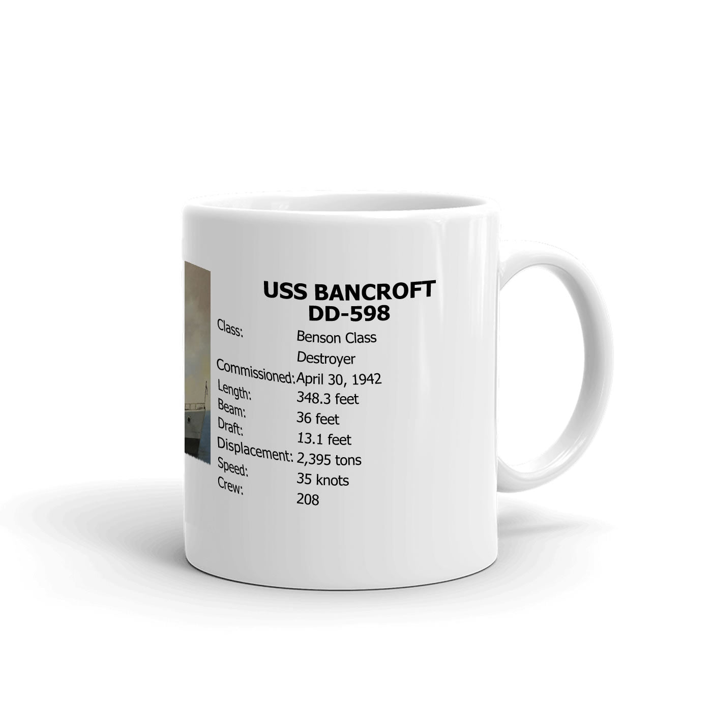 USS Bancroft DD-598 Coffee Cup Mug Right Handle