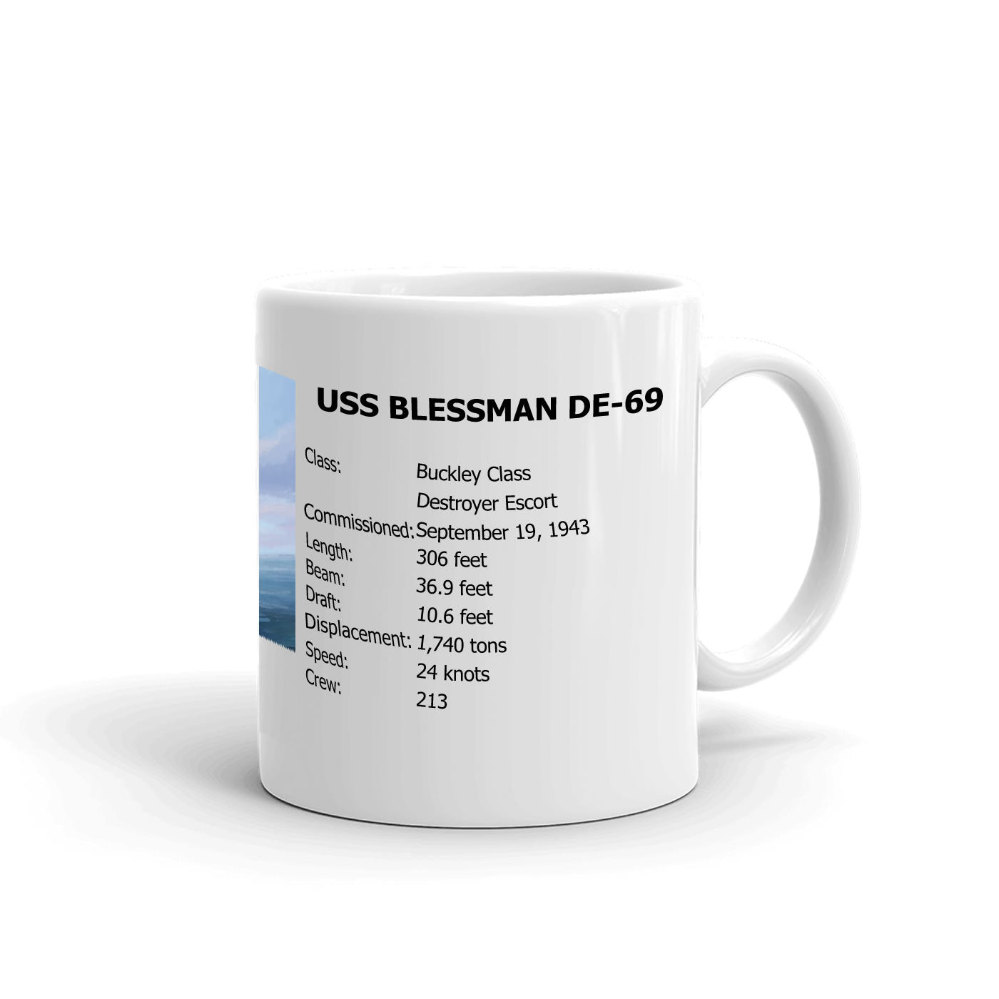 USS Blessman DE-69 Coffee Cup Mug Right Handle