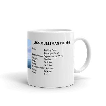 USS Blessman DE-69 Coffee Cup Mug Right Handle