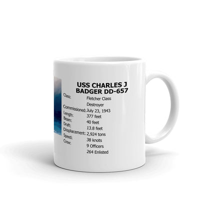USS Charles J Badger DD-657 Coffee Cup Mug Right Handle