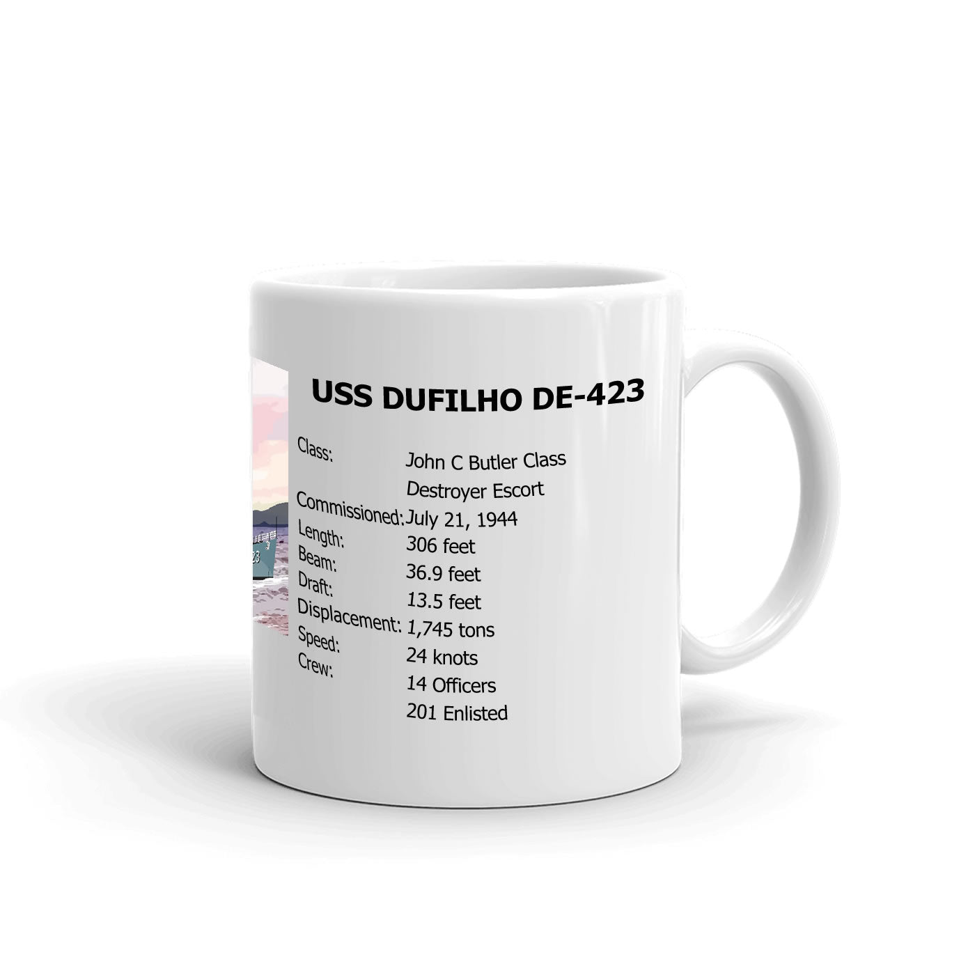 USS Dufilho DE-423 Coffee Cup Mug Right Handle