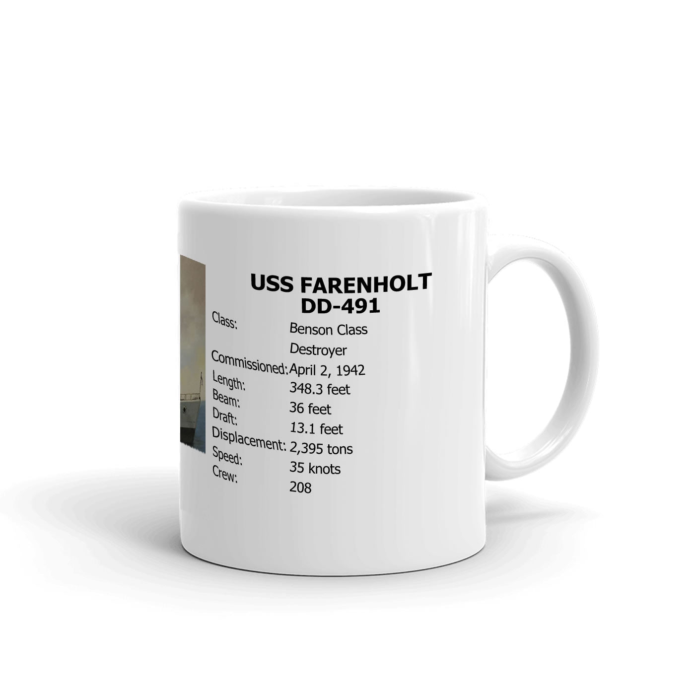 USS Farenholt DD-491 Coffee Cup Mug Right Handle