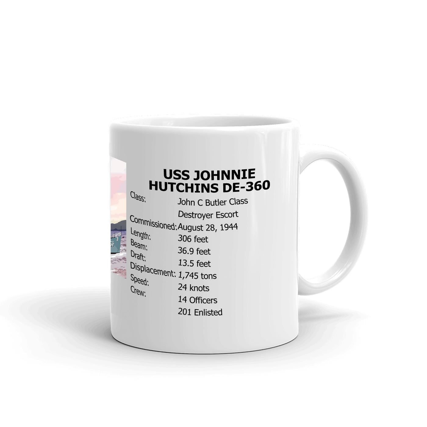 USS Johnnie Hutchins DE-360 Coffee Cup Mug Right Handle