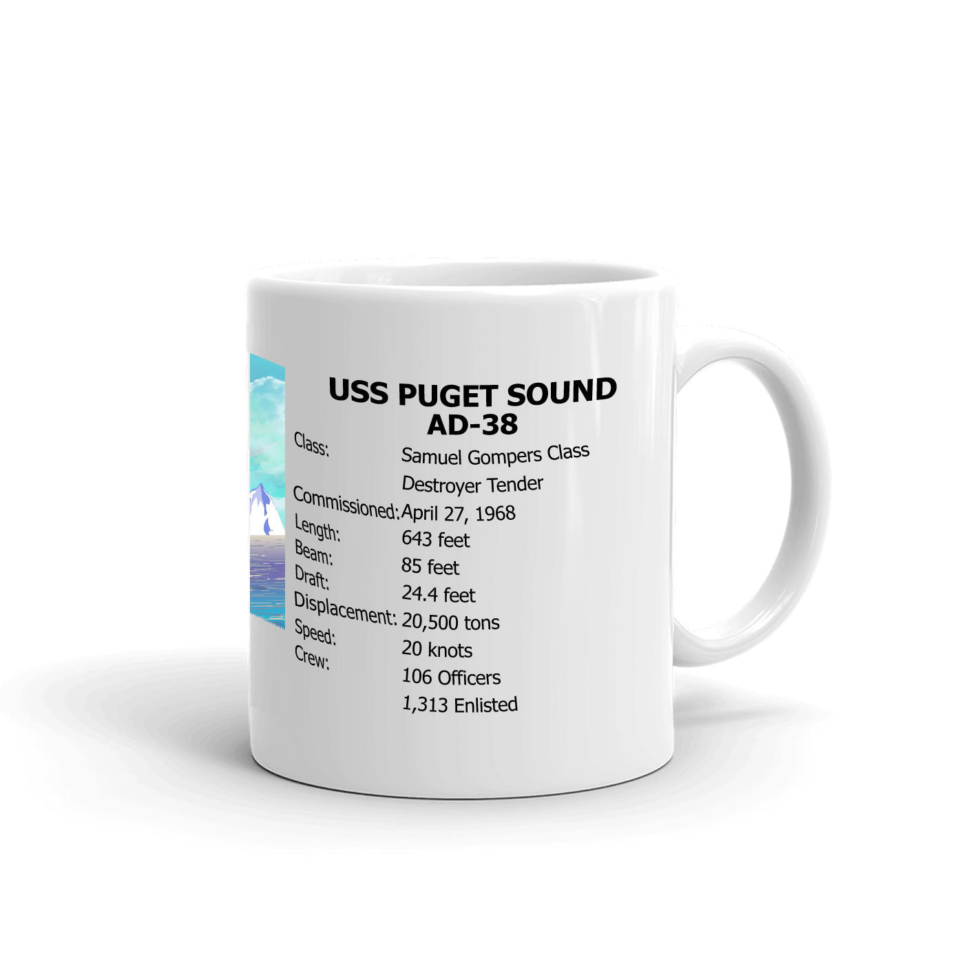 USS Puget Sound AD-38 Coffee Cup Mug Right Handle
