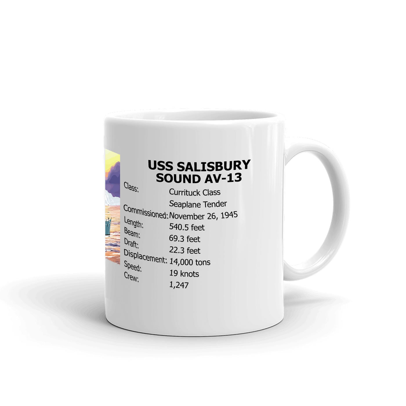 USS Salisbury Sound AV-13 Coffee Cup Mug Right Handle