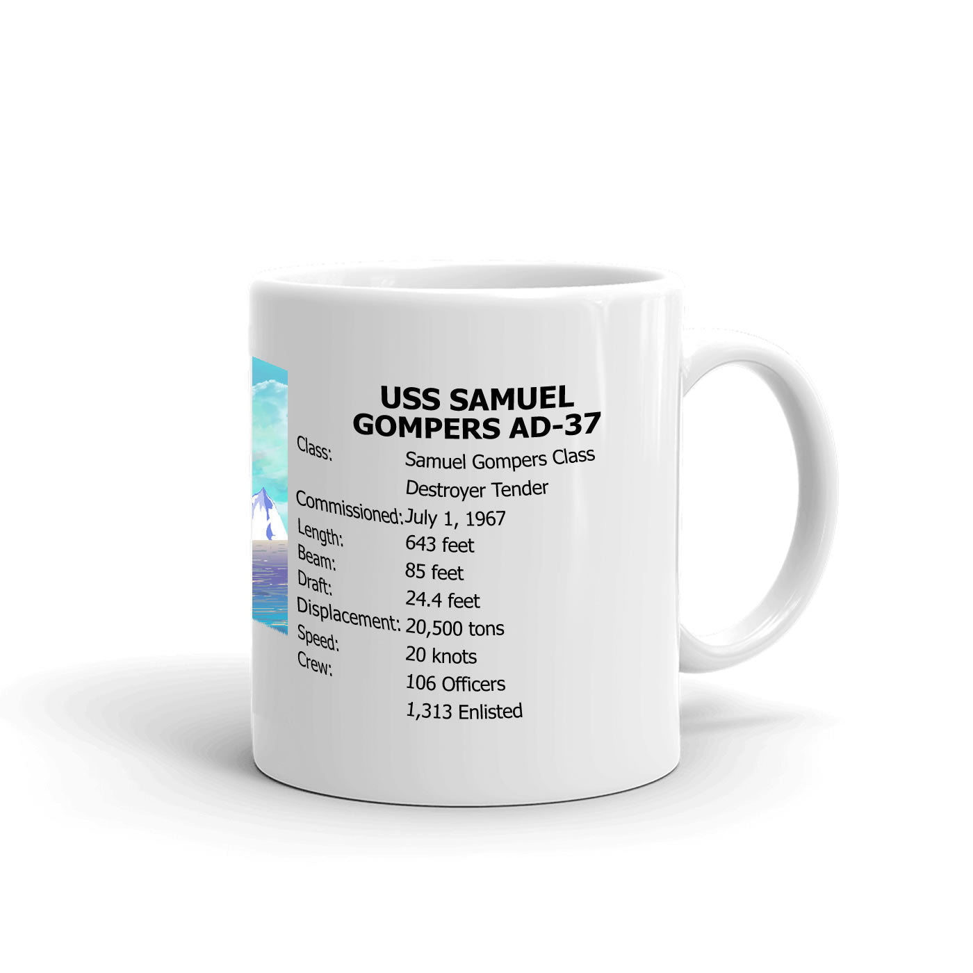 USS Samuel Gompers AD-37 Coffee Cup Mug Right Handle