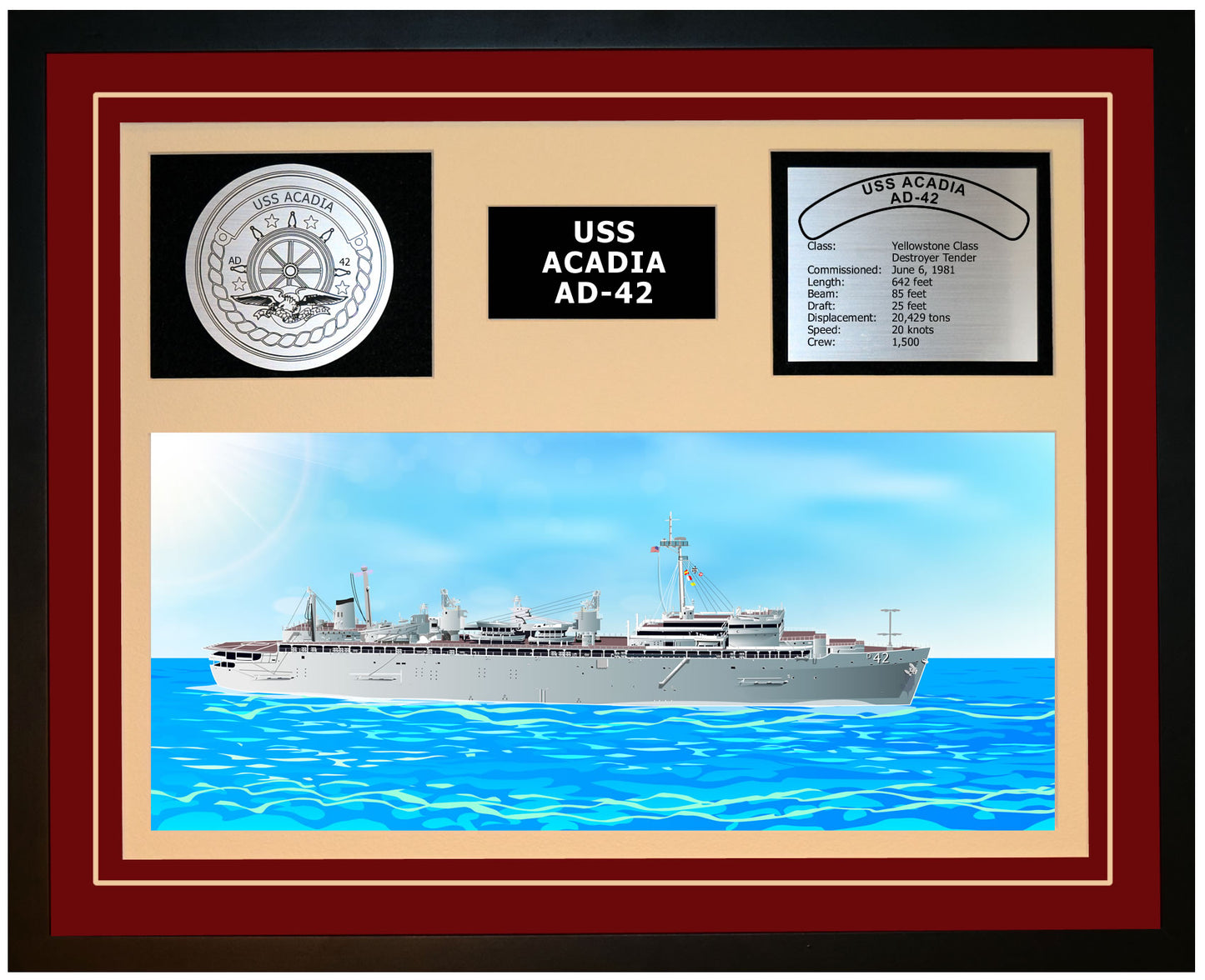 USS ACADIA AD-42 Framed Navy Ship Display Burgundy