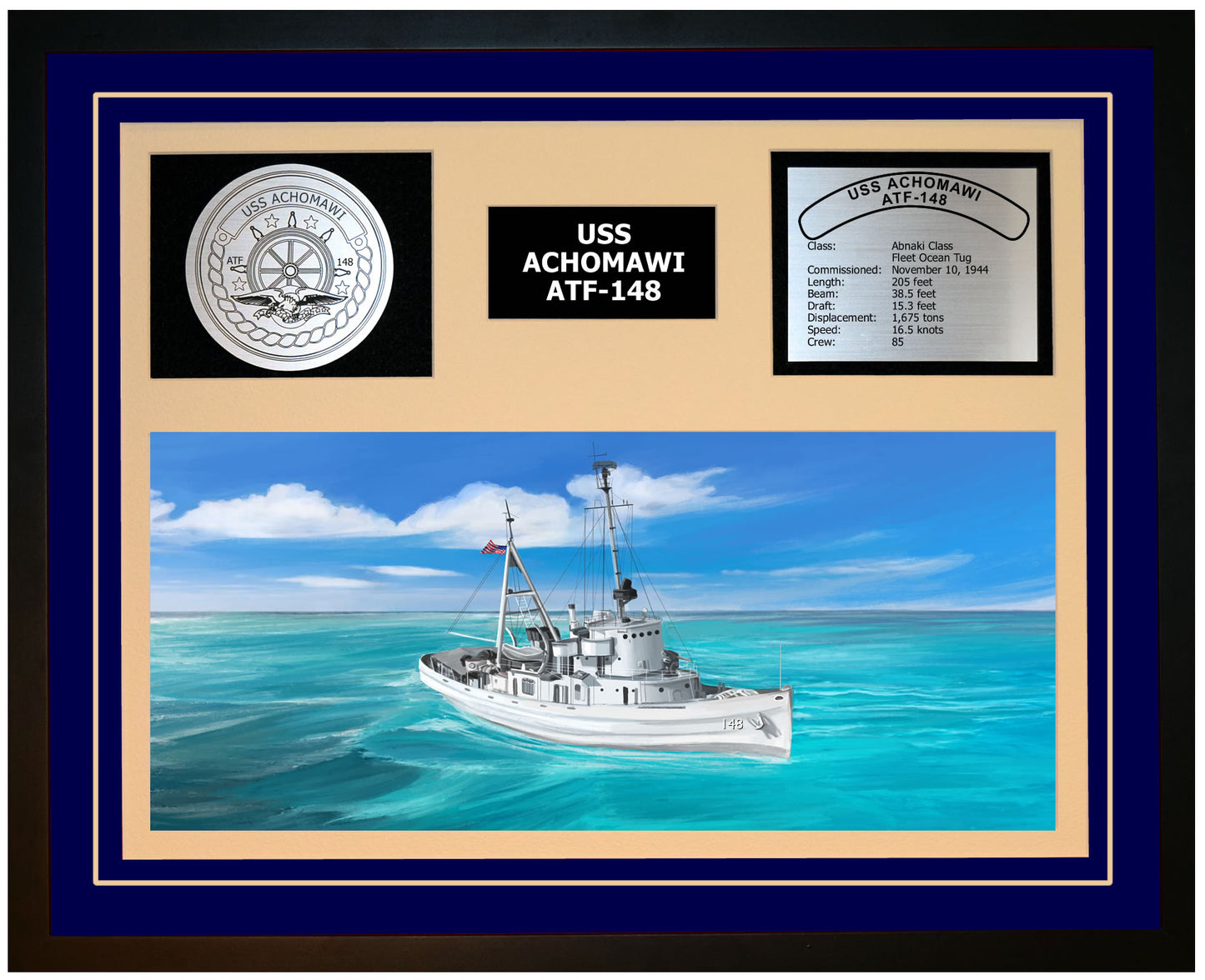 USS ACHOMAWI ATF-148 Framed Navy Ship Display Blue