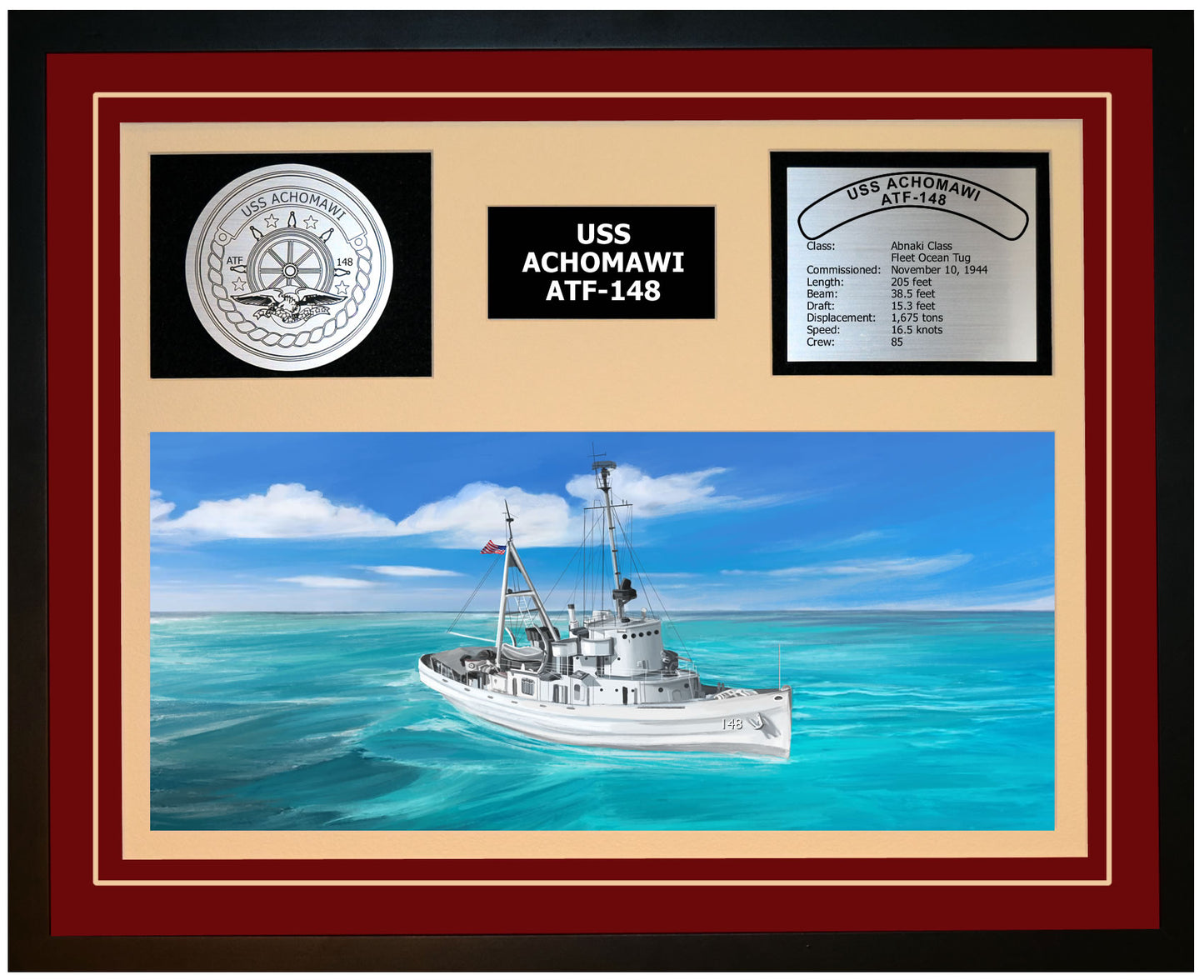 USS ACHOMAWI ATF-148 Framed Navy Ship Display Burgundy
