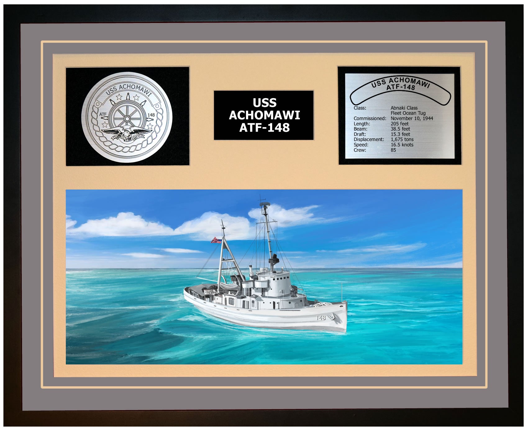 USS ACHOMAWI ATF-148 Framed Navy Ship Display Grey