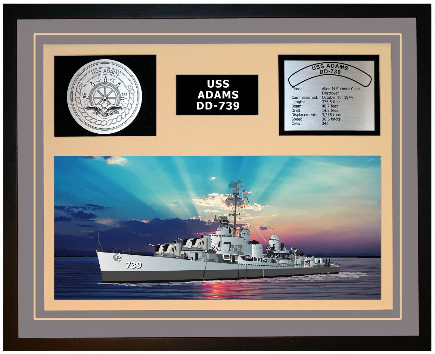 USS ADAMS DD-739 Framed Navy Ship Display Grey