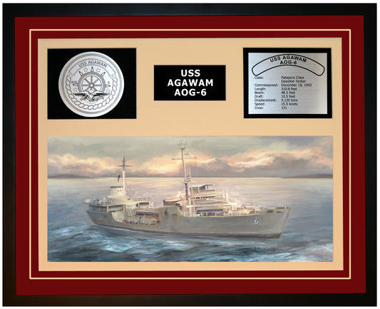 USS AGAWAM AOG-6 Framed Navy Ship Display Burgundy