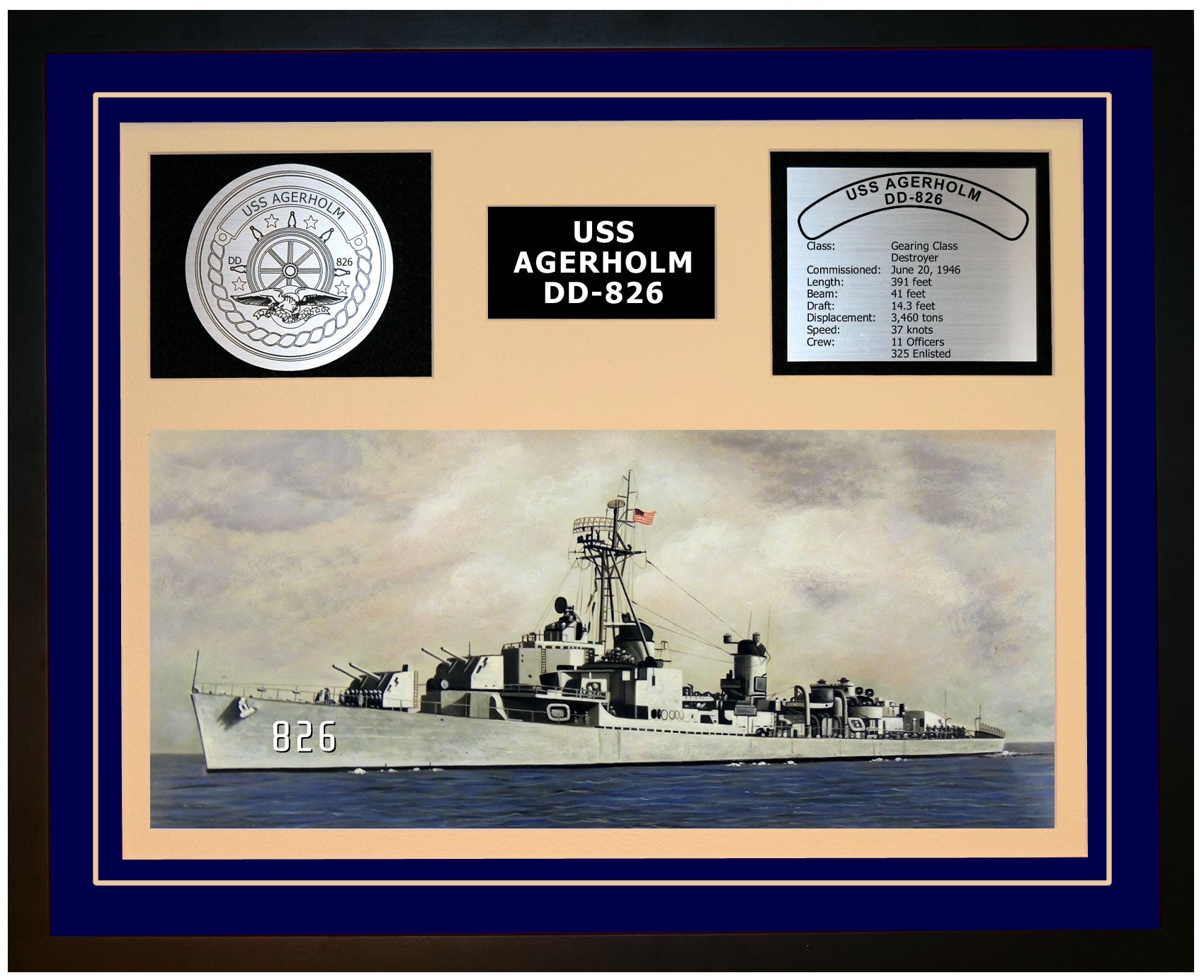 USS AGERHOLM DD-826 Framed Navy Ship Display Blue