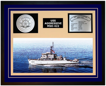USS AGGRESSIVE MSO-422 Framed Navy Ship Display Blue