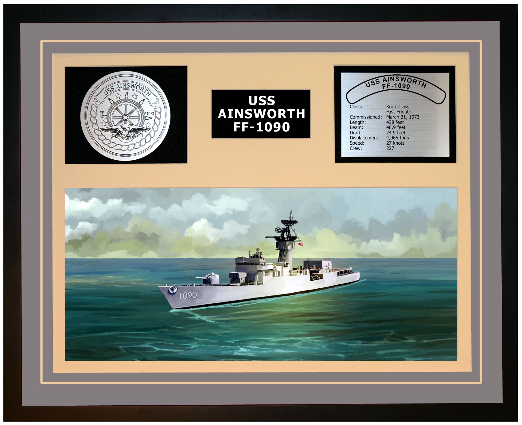 USS AINSWORTH FF-1090 Framed Navy Ship Display Grey