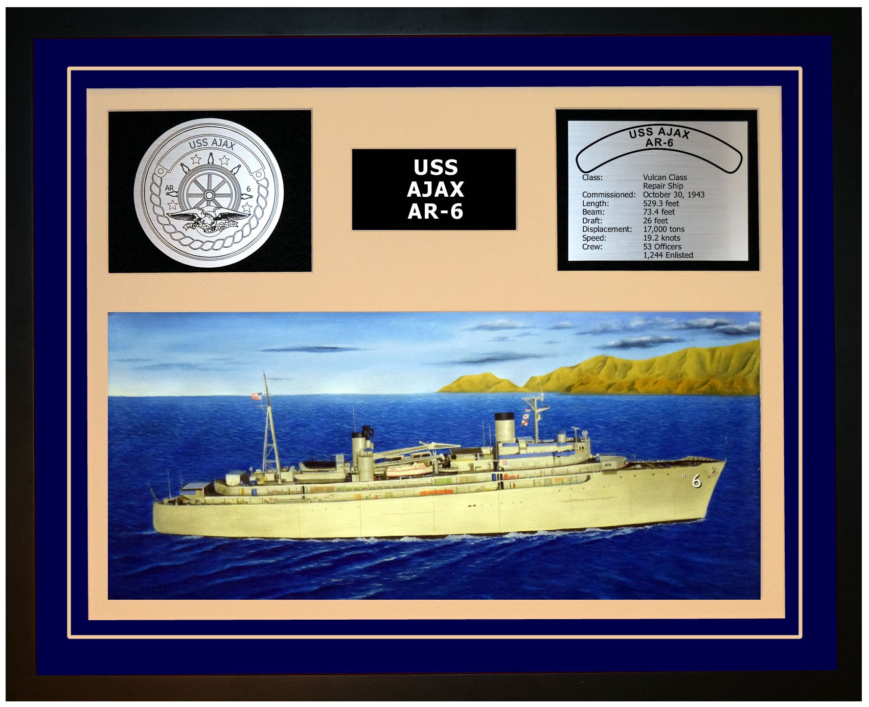 USS AJAX AR-6 Framed Navy Ship Display Blue