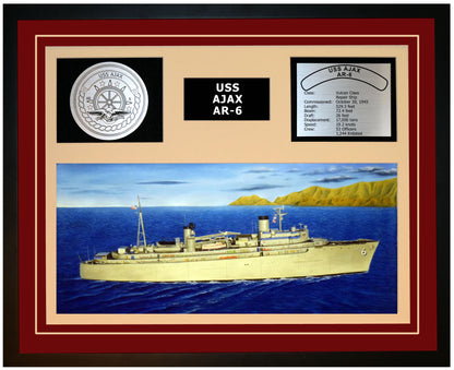 USS AJAX AR-6 Framed Navy Ship Display Burgundy