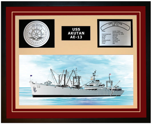 USS AKUTAN AE-13 Framed Navy Ship Display Burgundy