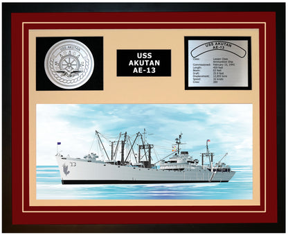 USS AKUTAN AE-13 Framed Navy Ship Display Burgundy