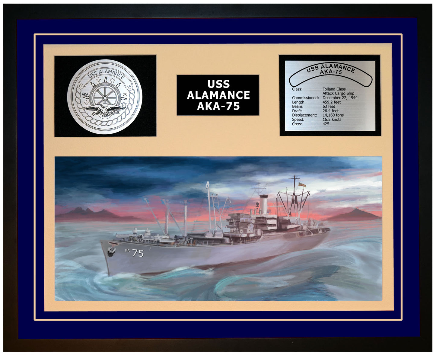 USS ALAMANCE AKA-75 Framed Navy Ship Display Blue