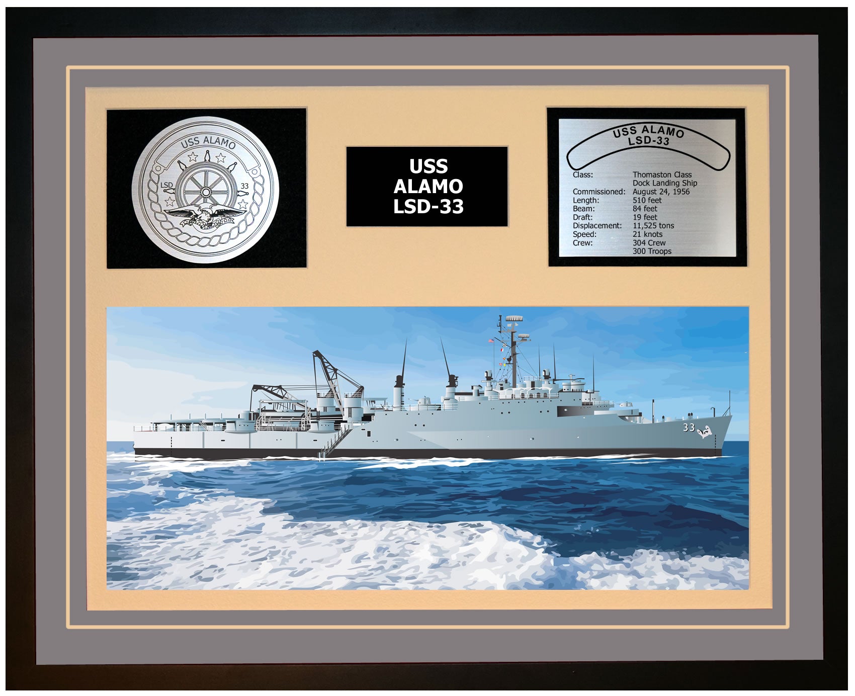 USS ALAMO LSD-33 Framed Navy Ship Display Grey