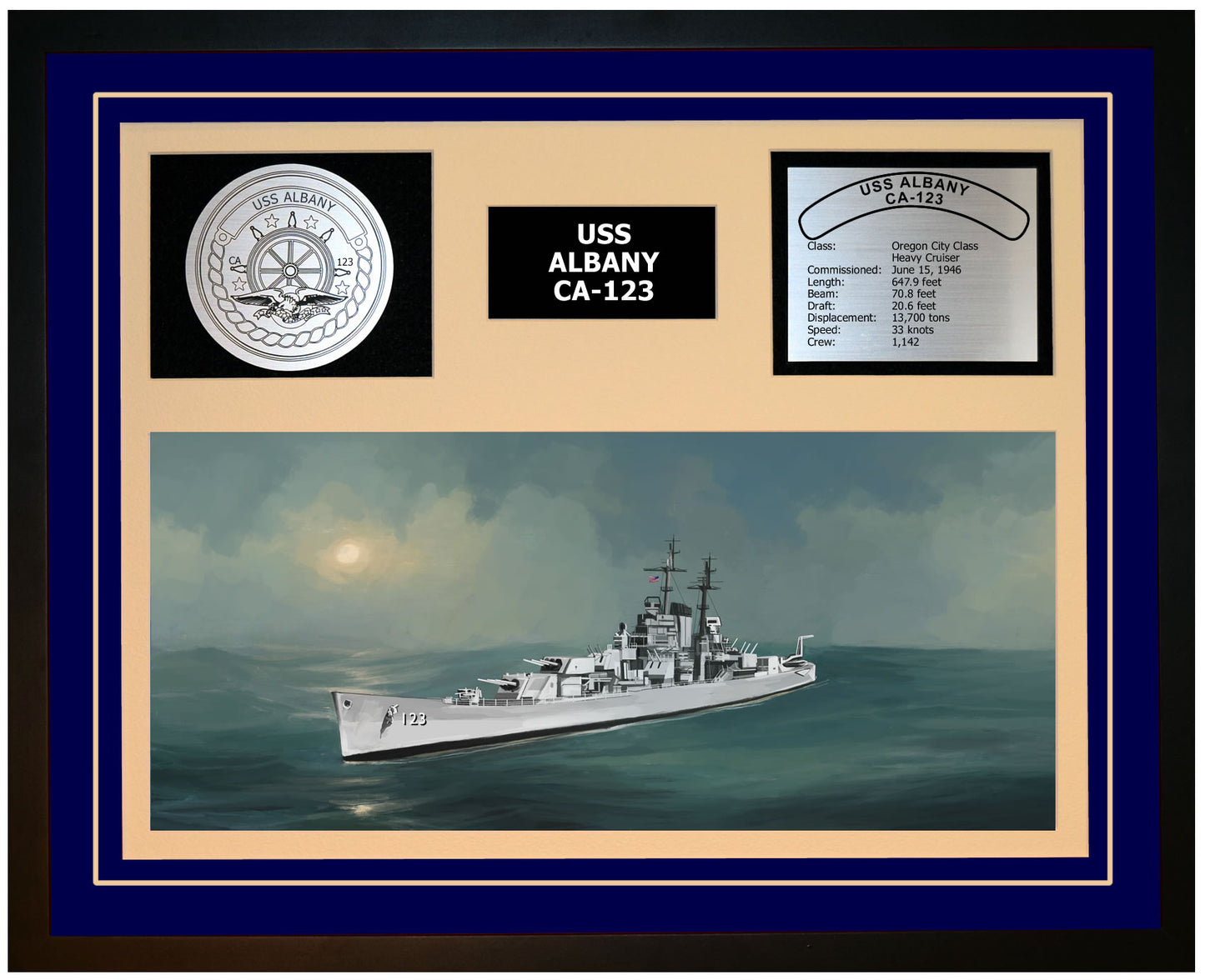 USS ALBANY CA-123 Framed Navy Ship Display Blue