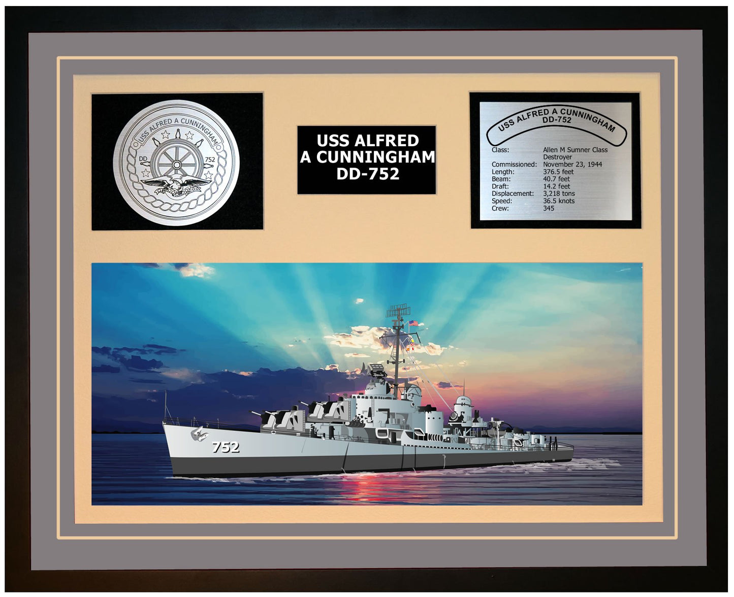 USS ALFRED A CUNNINGHAM DD-752 Framed Navy Ship Display