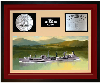 USS ALLAGASH AO-97 Framed Navy Ship Display Burgundy