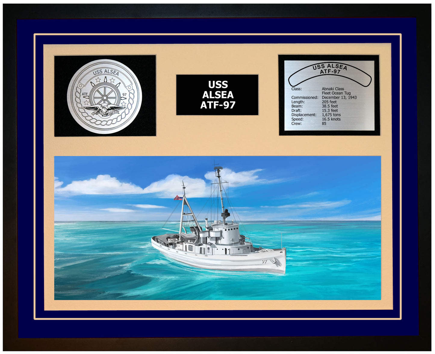 USS ALSEA ATF-97 Framed Navy Ship Display Blue