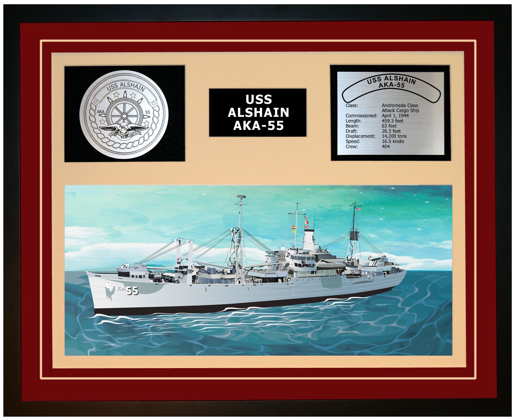 USS ALSHAIN AKA-55 Framed Navy Ship Display Burgundy