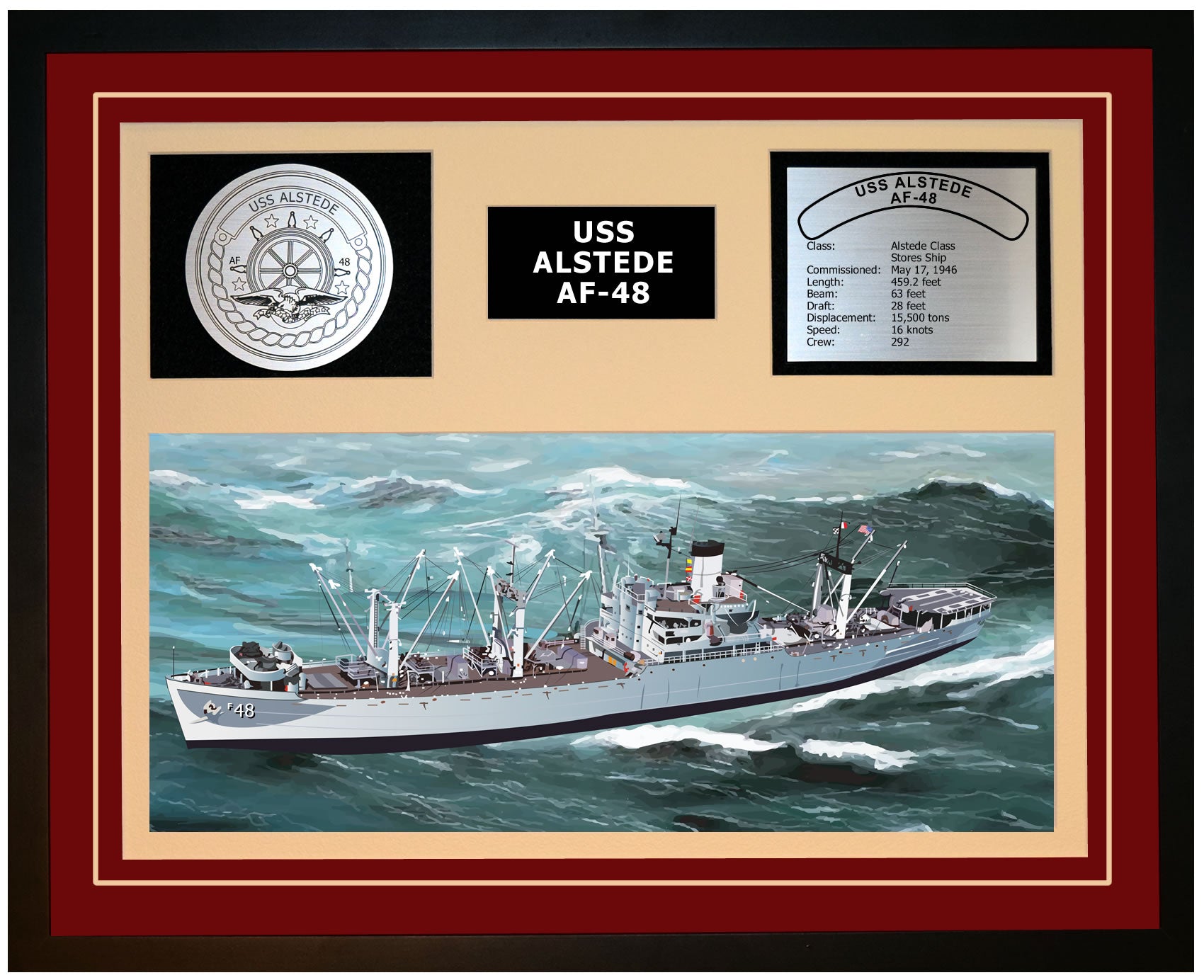 USS ALSTEDE AF-48 Framed Navy Ship Display Burgundy