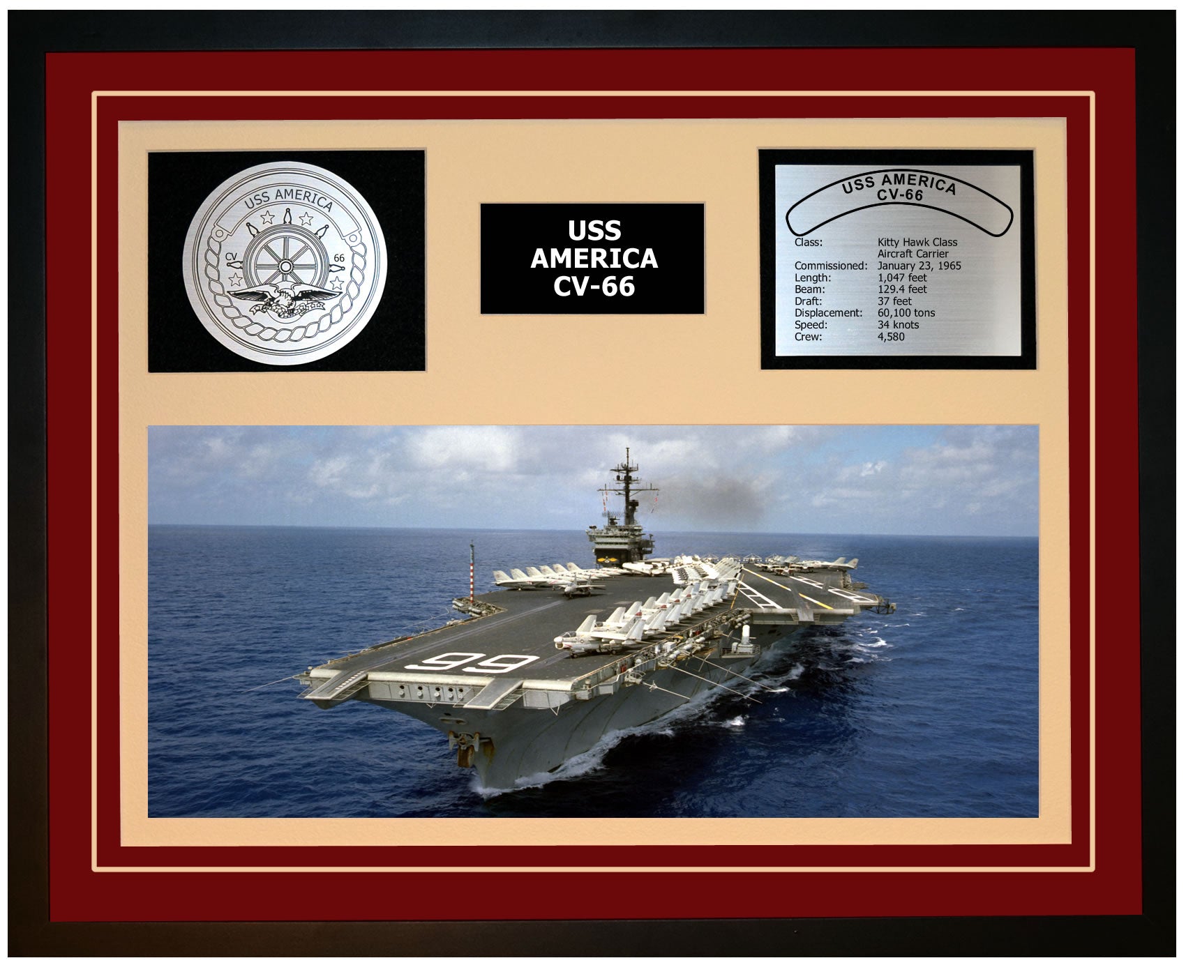 USS AMERICA CV-66 Framed Navy Ship Display Burgundy