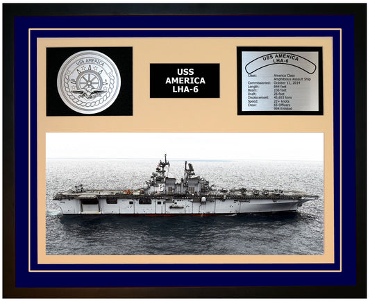 USS AMERICA LHA-6 Framed Navy Ship Display Blue