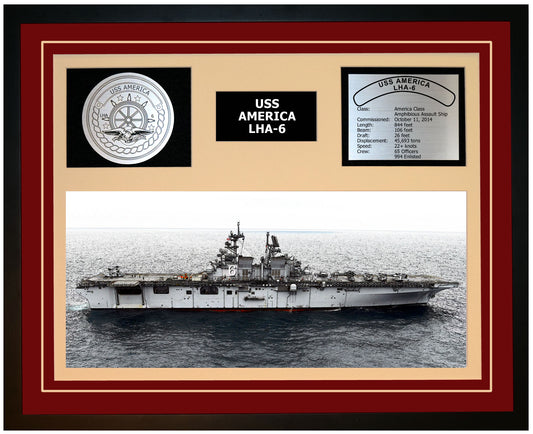 USS AMERICA LHA-6 Framed Navy Ship Display Burgundy