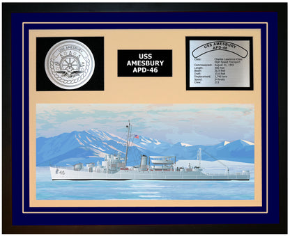 USS AMESBURY APD-46 Framed Navy Ship Display Blue