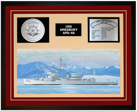 USS AMESBURY APD-46 Framed Navy Ship Display Burgundy