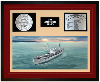 USS AMPHION AR-13 Framed Navy Ship Display Burgundy