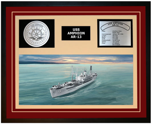 USS AMPHION AR-13 Framed Navy Ship Display Burgundy