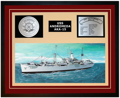 USS ANDROMEDA AKA-15 Framed Navy Ship Display Burgundy