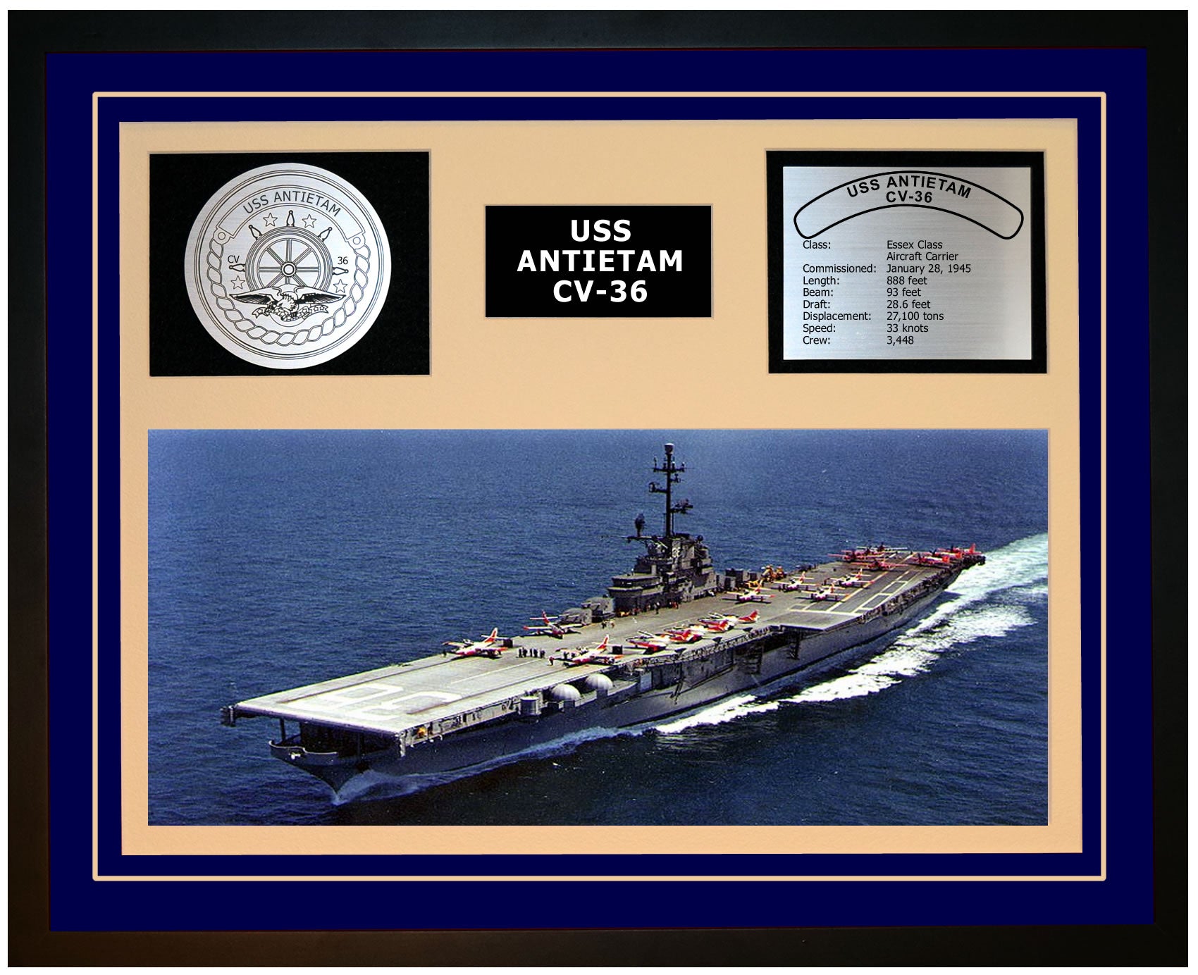 USS ANTIETAM CV-36 Framed Navy Ship Display Blue