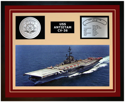 USS ANTIETAM CV-36 Framed Navy Ship Display Burgundy