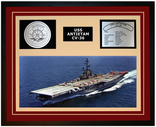 USS ANTIETAM CV-36 Framed Navy Ship Display Burgundy