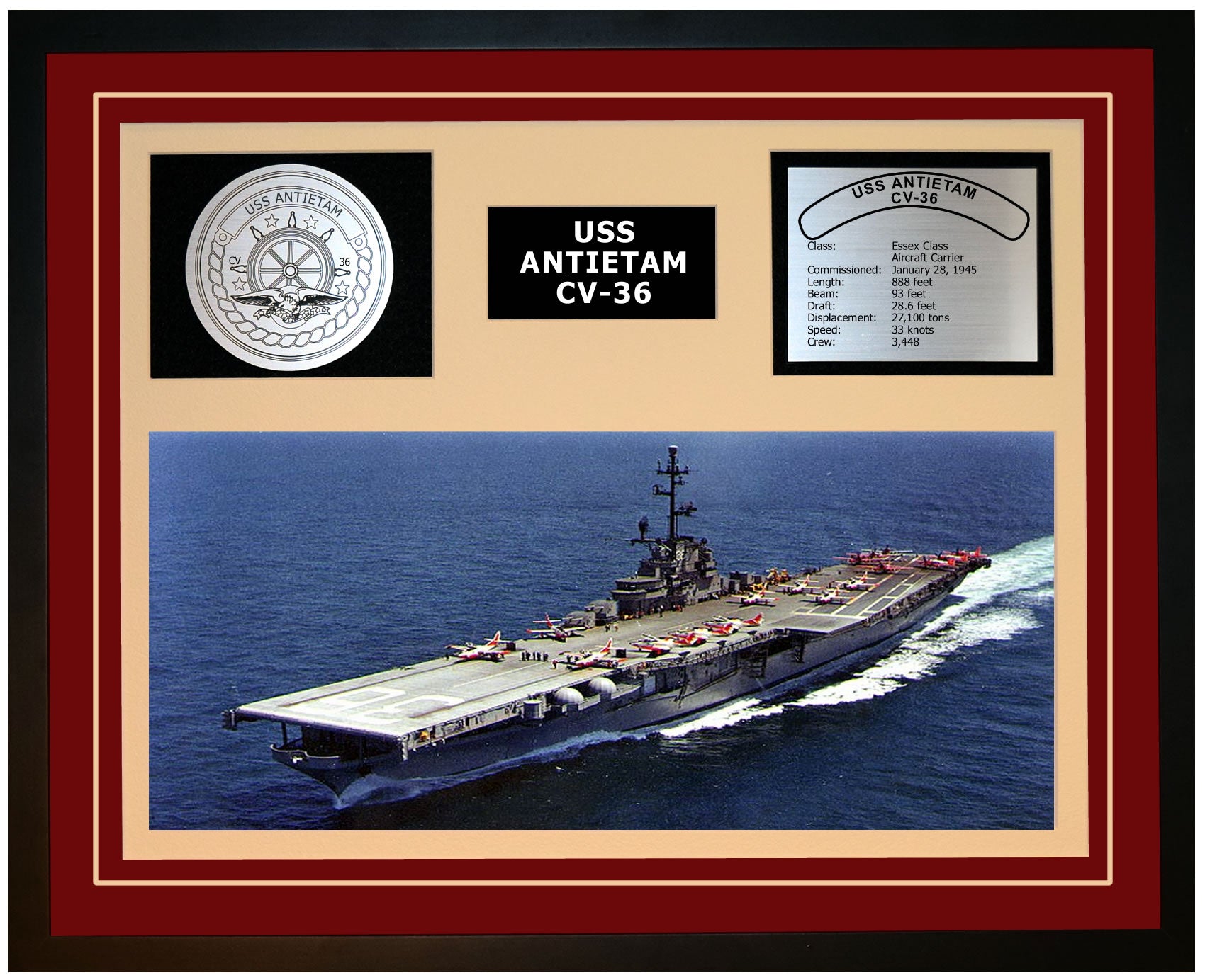 USS ANTIETAM CV-36 Framed Navy Ship Display Burgundy