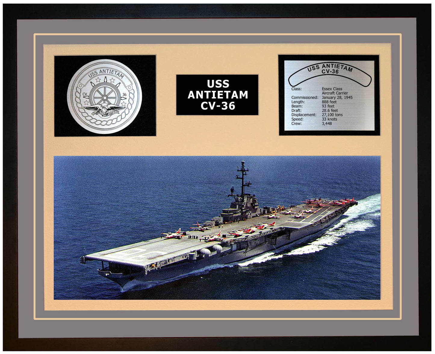 USS ANTIETAM CV-36 Framed Navy Ship Display Grey